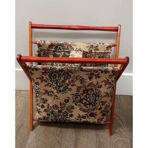 Vintage Knitting Sewing Crochet Craft Caddy Basket Tapestry Folding Wood Frame